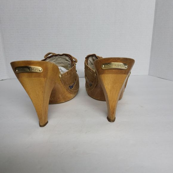 Michael Kors Brown Suede Leather & Wood Slide Heel Platform Mules Size 11 M - Picture 5 of 9